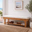 Banc d'entrée rustique en bois massif de 150 cm, banquette rembourrée en tissu bouclé avec étagère à chaussures à lattes