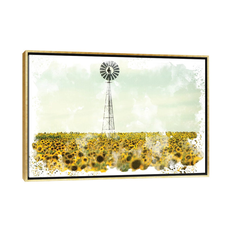 «Windmill Sunflowers» par Kimberly Allen - reproduction d'art, Toile encadrée d'or, Pas de tapis