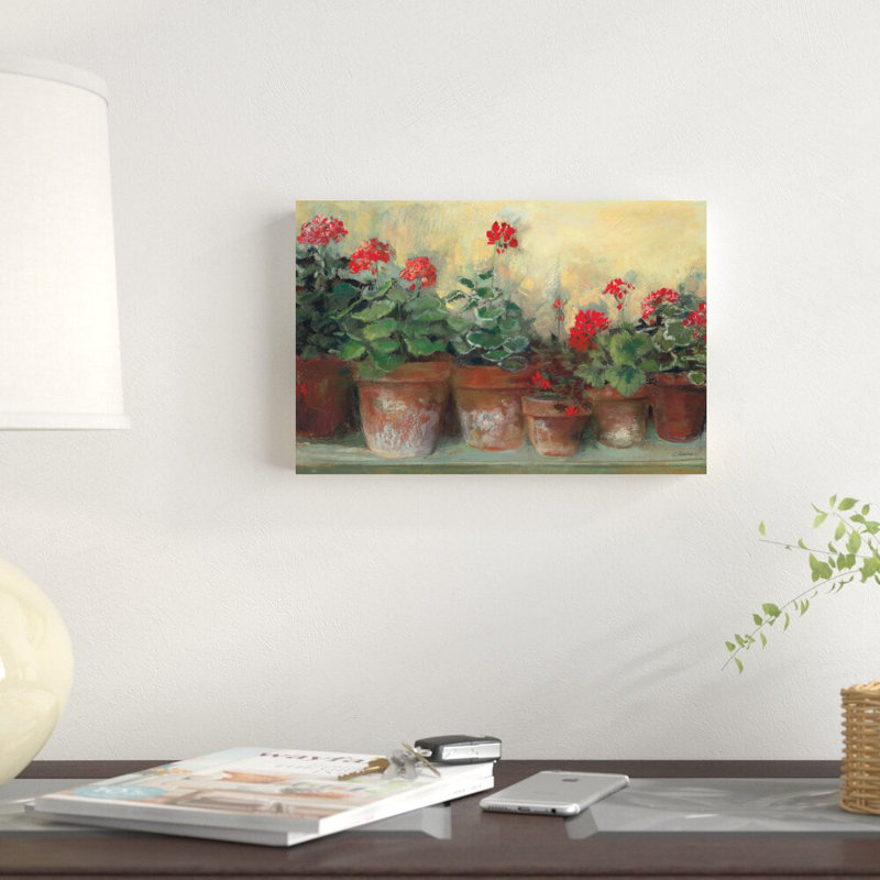 Kathleens Geraniums par Carol Rowan, reproduction d'art sur toile tendue, H 8 po x l 12 po, Toile avec cadre argenté, Non