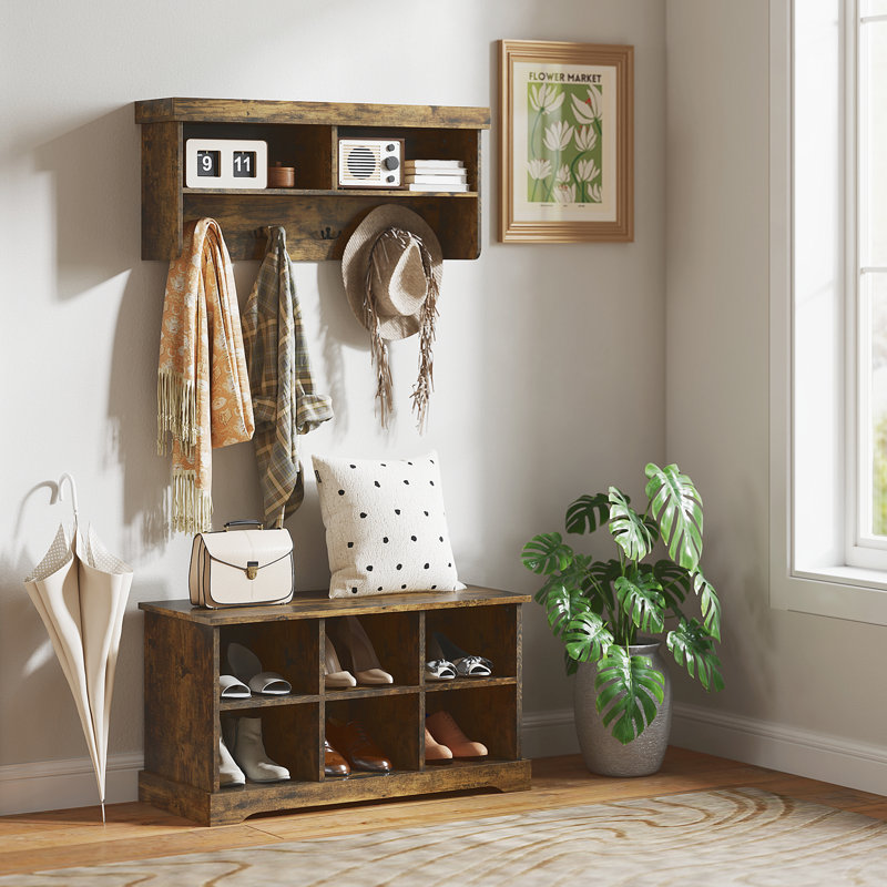 Coat Rack Shoe Bench Set with 8 Storage Cubbies, Rustic Brown