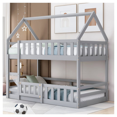 Lit superposé simple au-dessus de simple avec garde-corps de clôture et porte ludique - Structure robuste en bois massif gris pour enfants