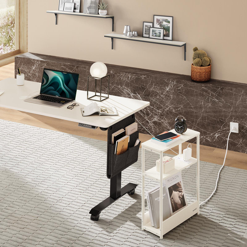 Side Table With Charging Station,magazine Rack, Cream White
