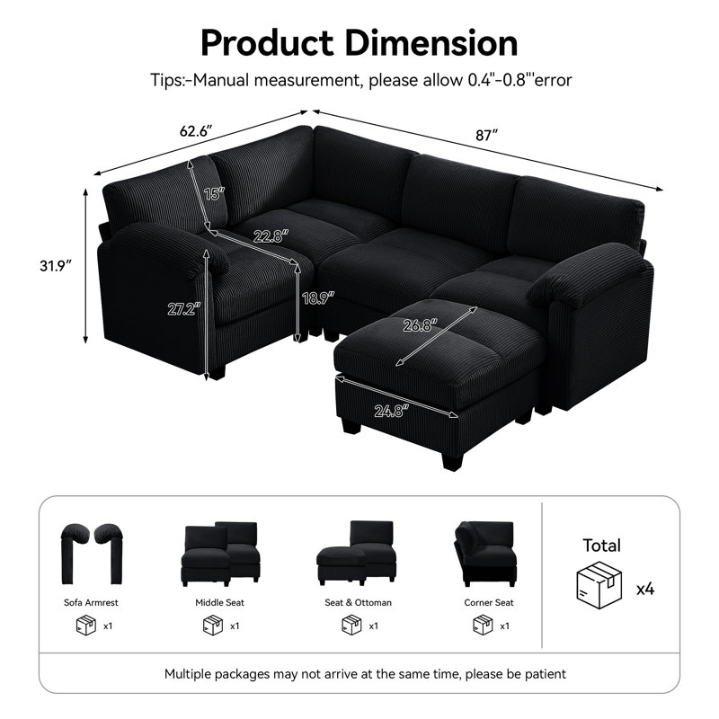 Canapé modulaire 5 places avec accoudoirs coussinés, 4 sièges + 1 repose-pieds, Noir
