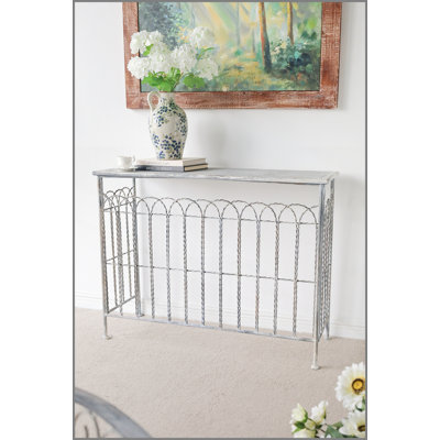40x14x31" Rustic Iron Arched Fence Console Table, Weathered Silver Finish, Accent Table