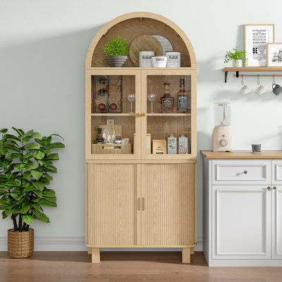 70" Tall Arched Kitchen Pantry Cabinet, Fluted Kitchen Storage Cabinets With Sliding Doors And Adjustable Shelves, Bookcase Display Cabinet, Mid Centu by Latitude Run