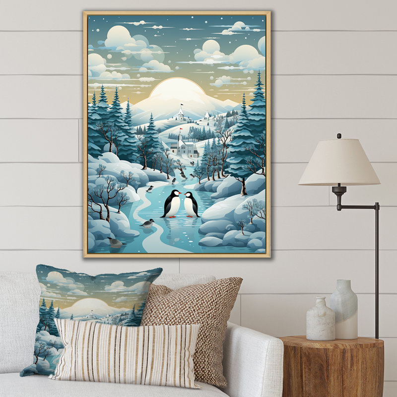 Forêt d'hiver bleue et blanche - art mural forêt, Cadre flottant brun, H 40 po x l 30 po x P 1,5 po