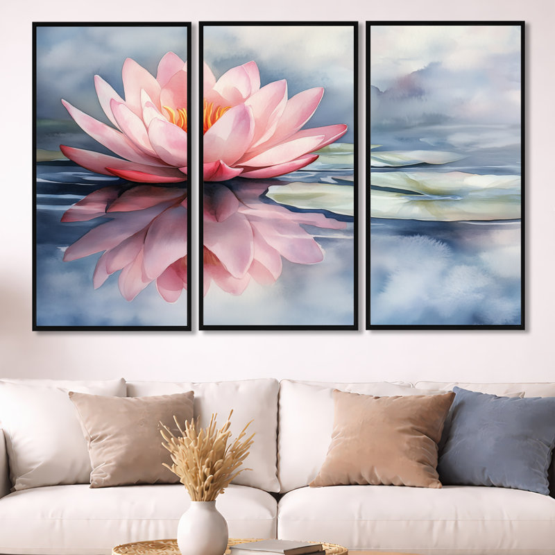 Doux lotus rose doux I - décoration murale encadrée florale 3 pièces, H 40 po x l 60 po, Cadre flottant noir