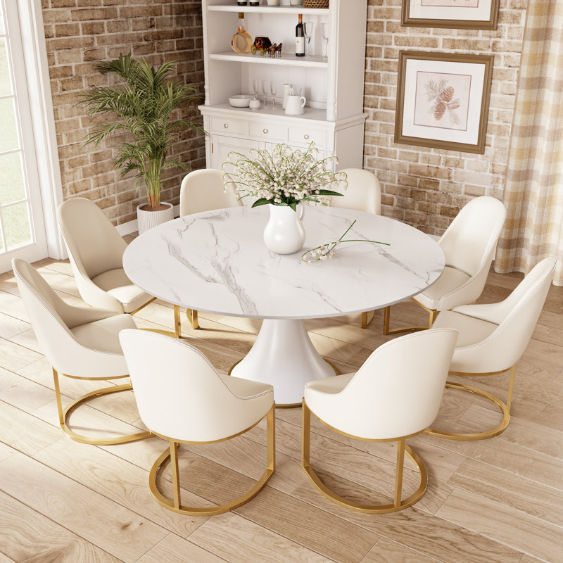 Ensemble de table ronde blanc pierre, 9 pièces : table, 8 chaises, H 29,52 po x l 59 po x P 59 po, Blanc neigeux