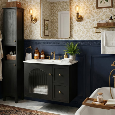 24" Modern Floating Bathroom Vanity With Arched Glass Door, Wall-Mounted Cabinet With Ceramic Sink & 2 Drawers (Black)