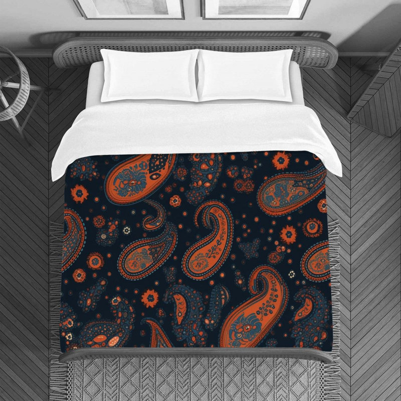 Machine Printed Duvet Cover, Twin Duvet Cover, Blue/Orange Paisley