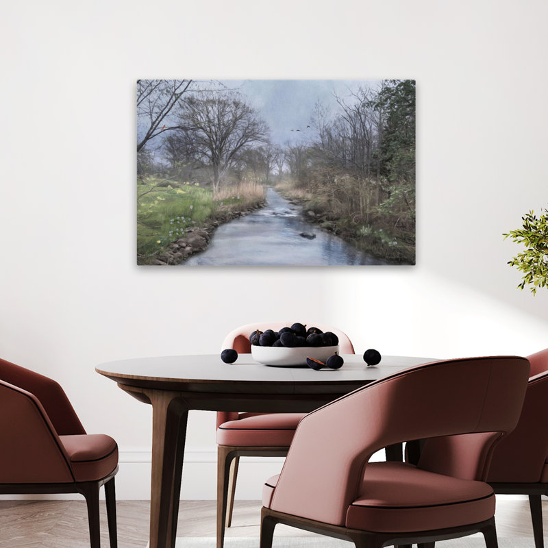 Meadow Brook - art contemporain de paysage de rivière, H 24 po x l 36 po
