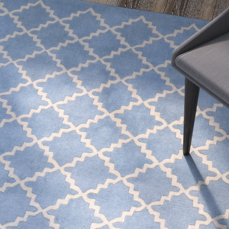 Tapis bleu / crème en laine touffeté à la main Carolene, Tapis de couloir 2 pi 3 po x 11 pi