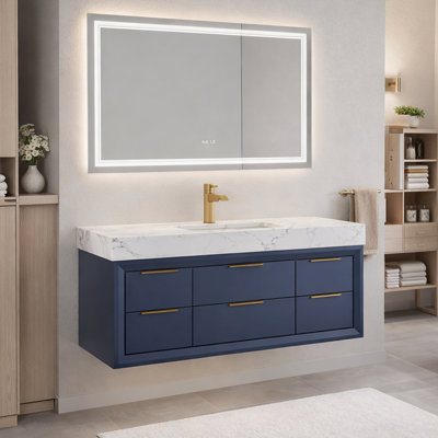 48'' Modern Wall Mounted Single Bathroom Vanity with Engineered Stone Top and Light,Pre-assembled,Blue Finish