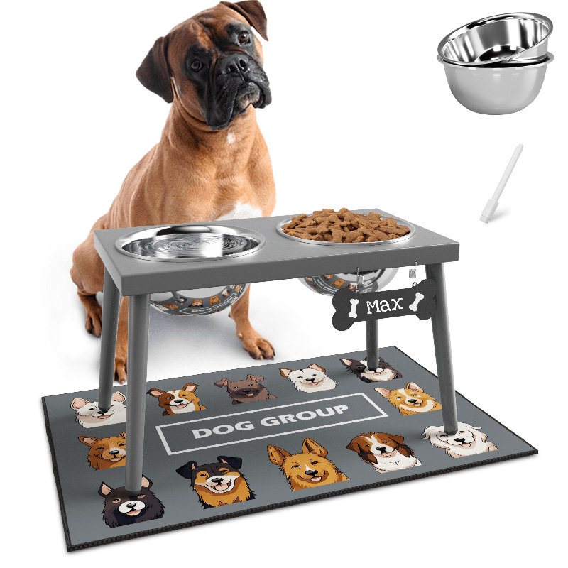 Support à chien surélevé gris pour grands chiens de taille moyenne, mangeoire surélevée de 10 po de hauteur avec tapis anti-dégâts, deux bols de nourriture et d'eau de 58 oz