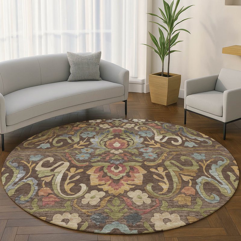 Premium Machine Washable Mayfield AMF2193 floral Rug, Chocolate, 8' Round