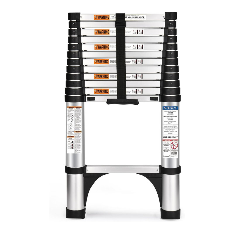 Telescoping Ladder, 12.5 FT Aluminum Button Retraction Extension Ladder With 2 Triangle Stabilizers, Multi-Purpose Ladder With Slow Down Design, 330Lbs Max Capacity For House Daily Life