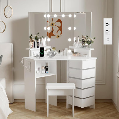 Ensemble de coiffeuse de coin avec miroir à DEL et station de charge, blanc