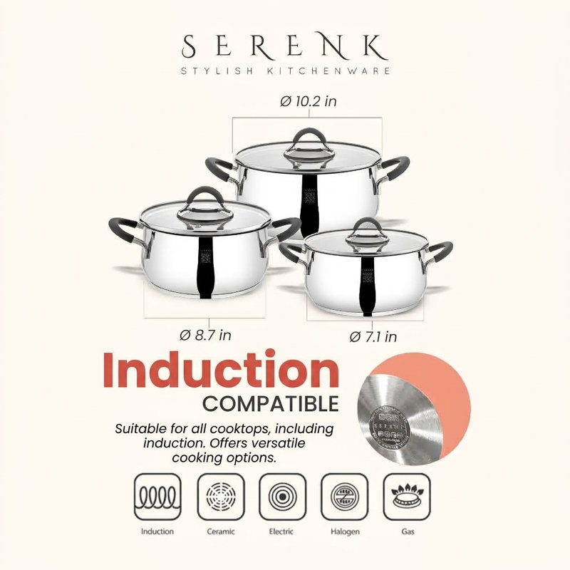 Ensemble de 6 pièces de batterie de cuisine empilables Serenk Modernist en acier inoxydable 18/10 avec couvercles en verre