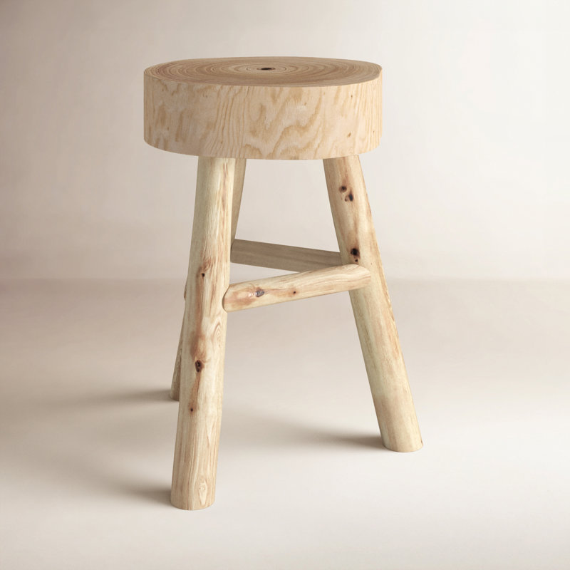 16" H Solid Wood Live Edge Accent Stool, Ivory/Beige