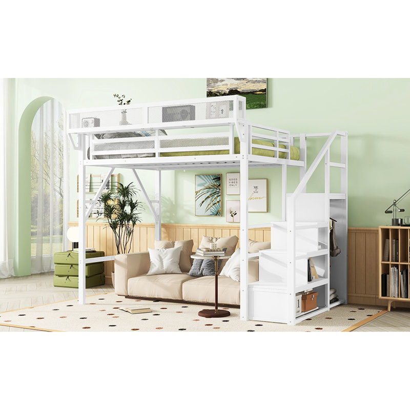 Lit mezzanine haut avec escalier, tablettes de rangement et garde-robe, lit double en métal blanc, espace de couchage pour les adolescents