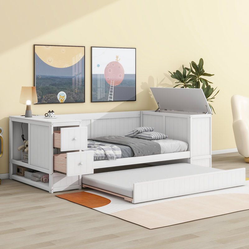 Daybed with Storage Arms, Trundle and Charging Station, White