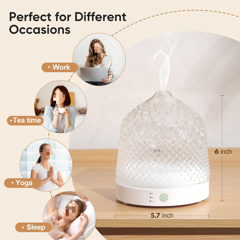 Diffuseur d'huiles essentielles en verre, diffuseurs à ultrasons aromatiques 200 ml avec dôme de réservoir en verre et base en plastique blanc avec minuterie d'arrêt automatique 7 couleurs pour le yoga dans la chambre à coucher