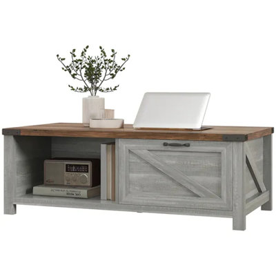 Coffee Table with Storage, Farmhouse Living Room Table with Storage Drawer and Open Shelf, Distressed Gray