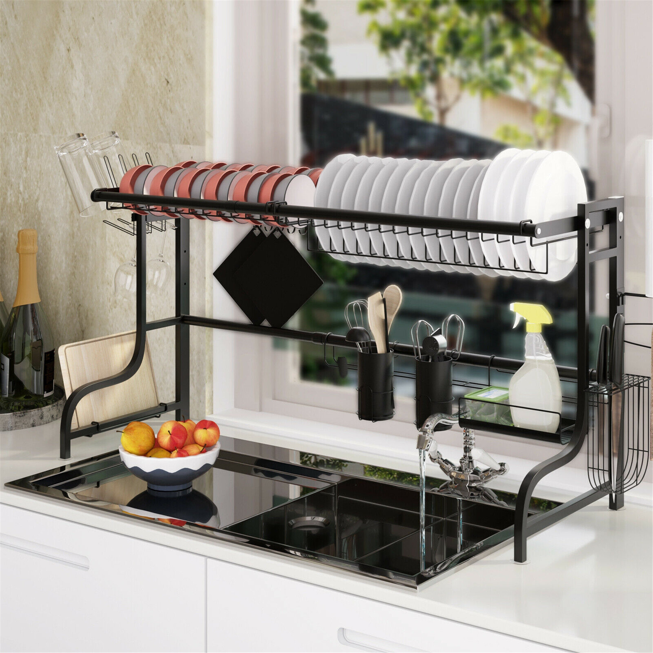 Kitsure Over-The-Sink Dish Drying Rack 2-Tier with Adjustable Length Design  (33.4-39.4in),Multifunctional Dish Rack for Over-Sink Use, Stainless Steel