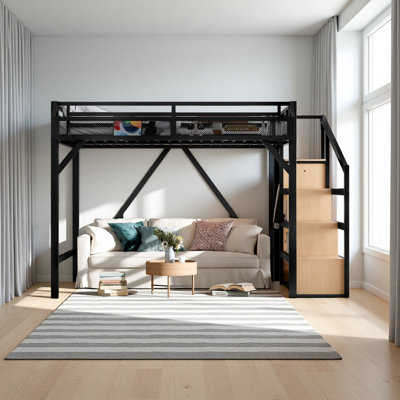 Loft Bed With Storage Stairs, Shelves And Built-In Wardrobe, Metal Loft Bed Frame With USB Ports And LED Lights, Noise-Reduced Design