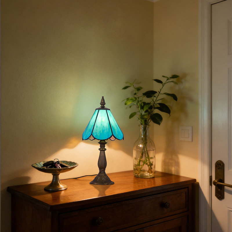 1 - Light7 inch blue-green Tiffany Table Lamp,Handcrafts Stained Glass Style Table Light, Blue/Green
