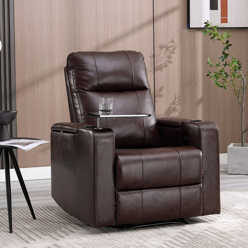 Ryun 33.1'' Wide Breathable Leather Power Recliner with Arm Table and Cup Holder, Brown Pebbled Faux Leather