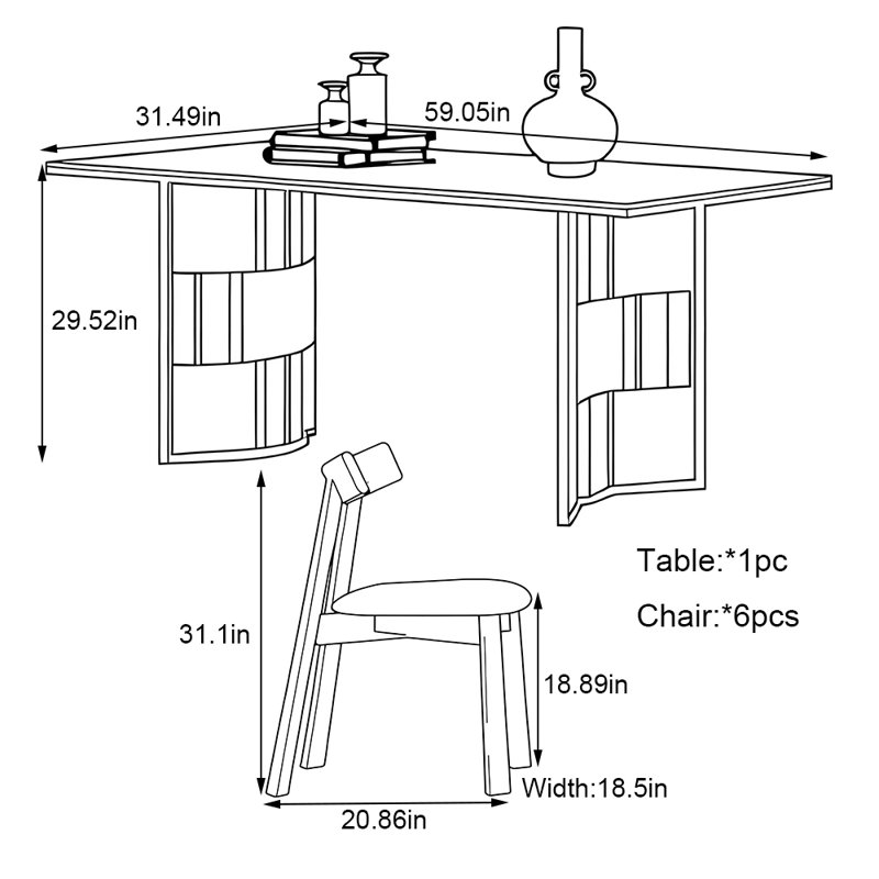 Ensemble de table de salle à manger rectangulaire, H 29,52 po x L 59,05 po x l 31,49 po