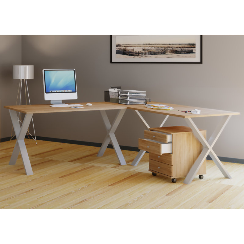 Edford L-Shaped Metal Base Writing Desk, 76cm H x 190cm W x 80cm D, Brown/Grey