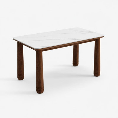 Solid Wood Rectangular Dining Table with Sintered Stone Top, Farmhouse Dinner Table Seats 4-6 People