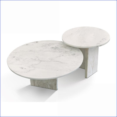 Snow Mountain White Natural Marble Coffee Table Set for Living Room, 2-Size Semi-Polished with Unique Character