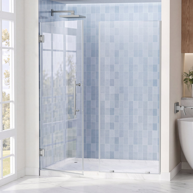Fully Frameless Hinge Shower Door, SGCC Tempered Glass, Stainless Steel Accessories, 60" W, Brushed Nickel