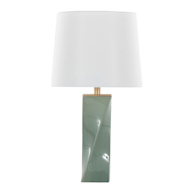 Lampe de table contemporaine carrée en céramique crème de 27 po avec accents en métal doré et abat-jour en lin blanc