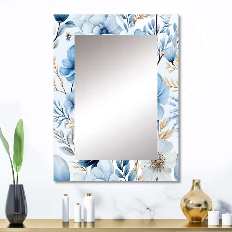 Motif botanique bleu et blanc arctique Bevens - miroir mural décoratif floral, miroir floral, impression d'art en métal