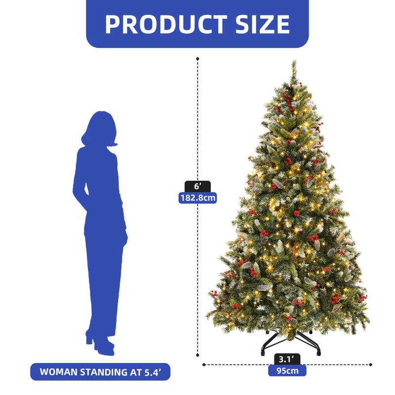 6ft/7.5ft/9ft Pre Decorated Artificial Christmas Tree with Frosted Tips, Prelit Lights,  Pinecones and Berries, 6ft
