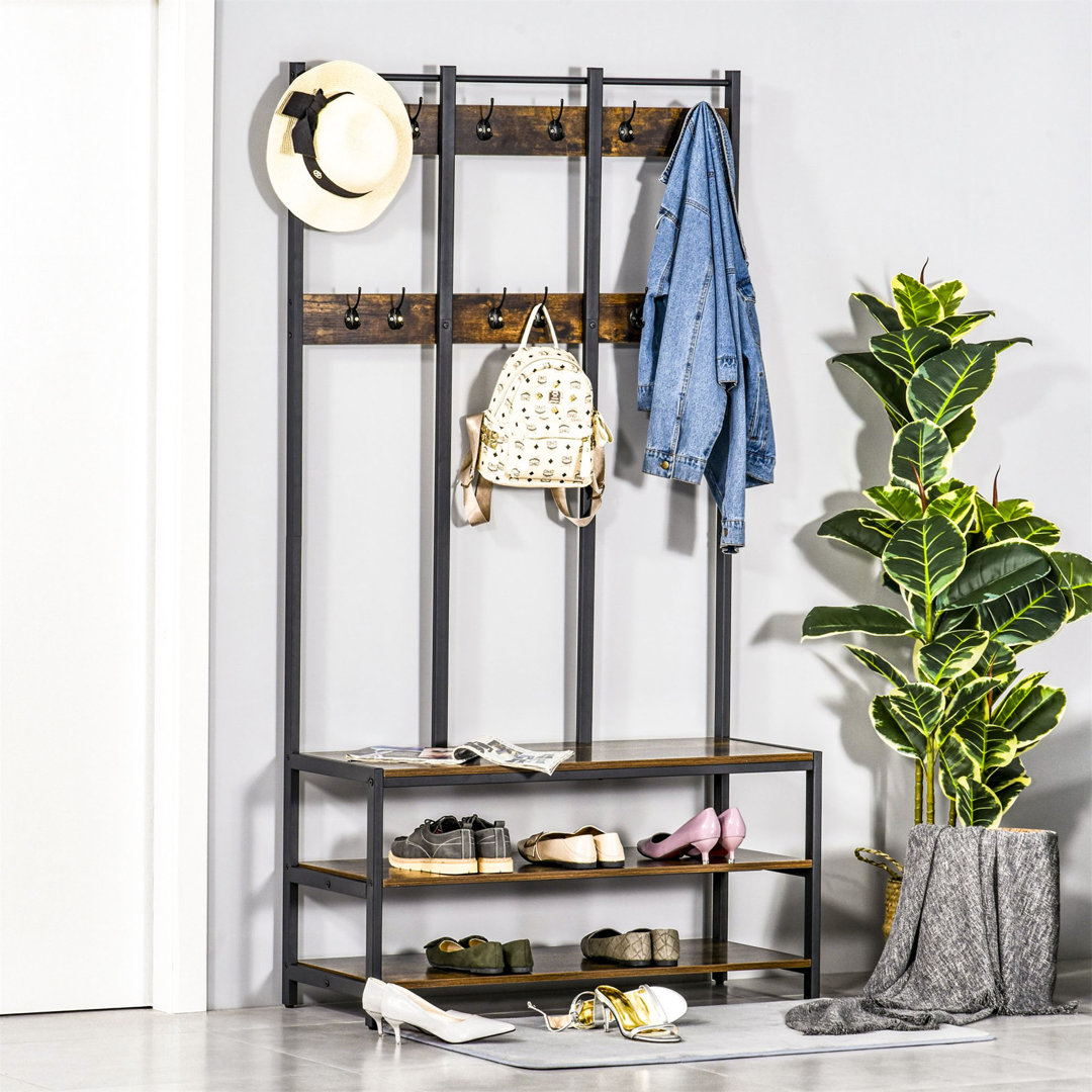 Industrial Coat Rack Shoe Bench Hall Tree Entryway Clothes Storage Shelf W/ Hook