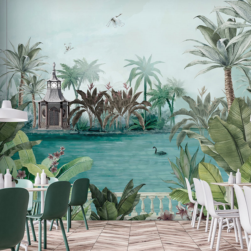 Mur de cygnes palmiers tropicaux, L 110,04 po x l 122 po, Vert
