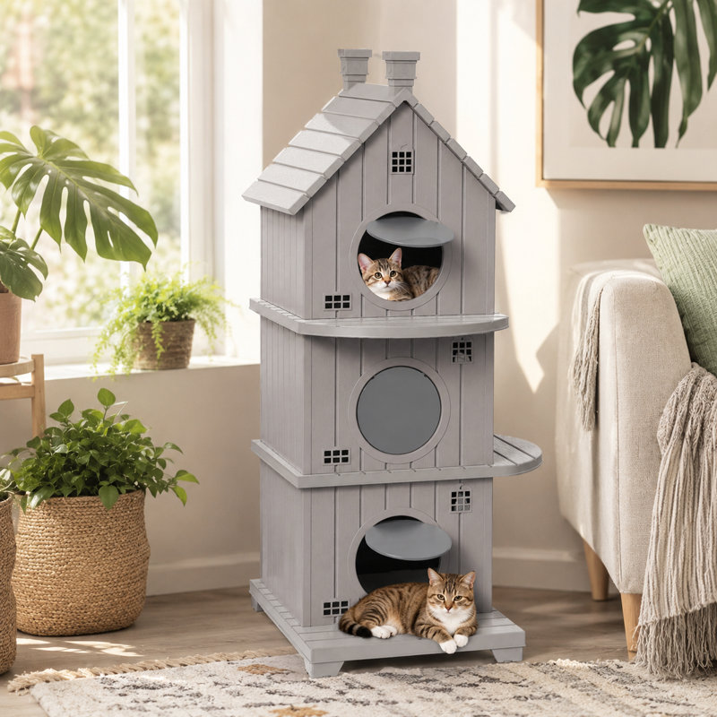 Maison pour chat à 3 niveaux en résine pour plusieurs chats intérieur extérieur H 52,13 po avec porche, Brun