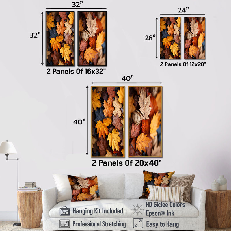 Ensemble de salon art mural jaune et orange feuilles d'automne Mapple I - 2 feuilles, Cadre flottant noir, H 32 po x l 33 po