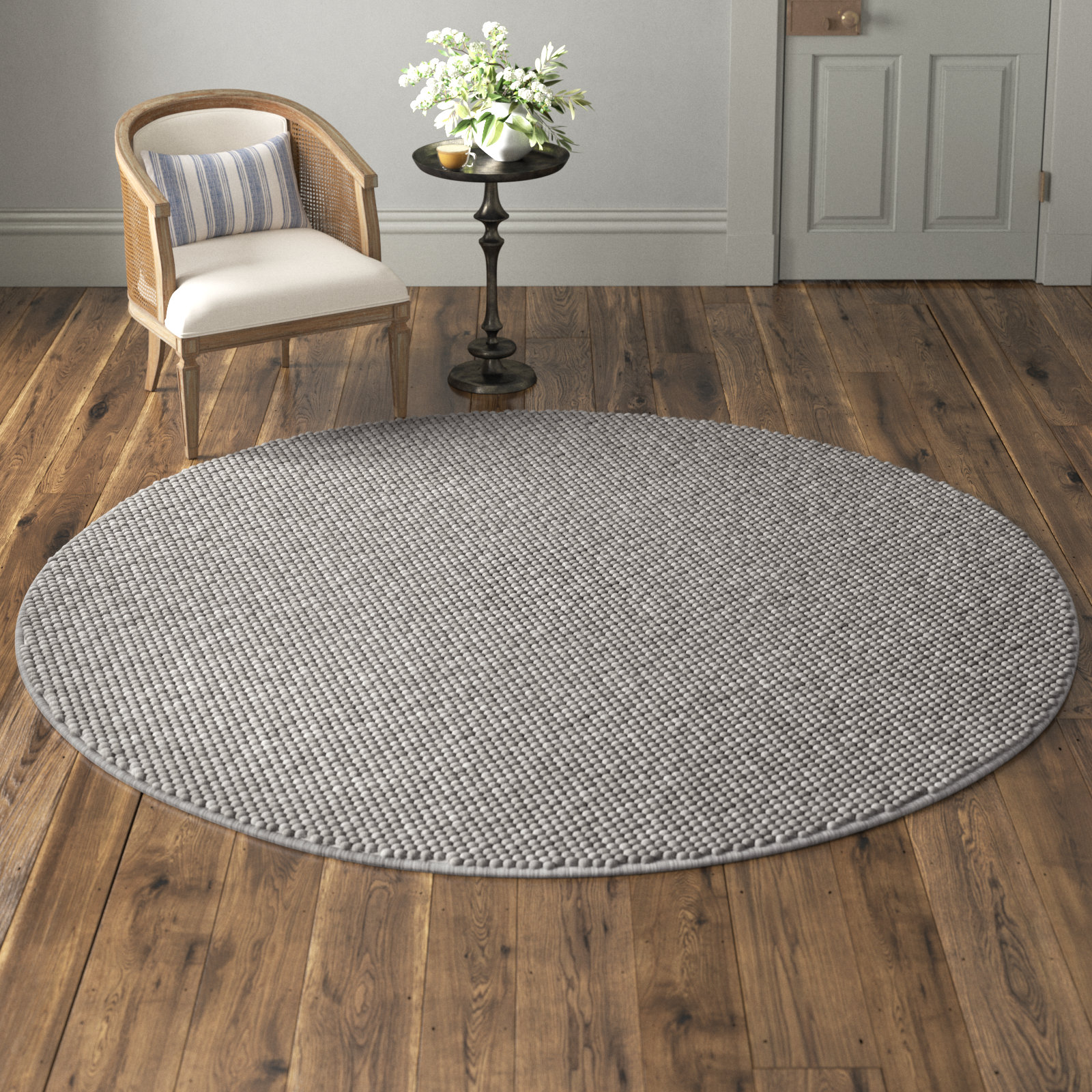 Elle Silver Hand-Woven Wool Rug, Round 4'