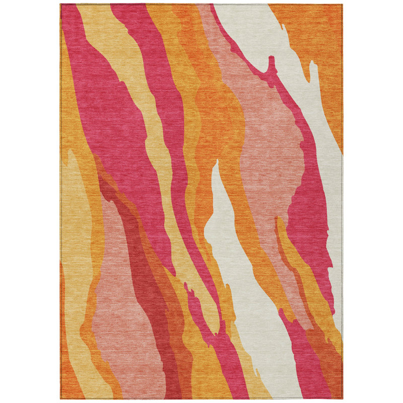 Blush and Orange Synthetic Washable Area Rug