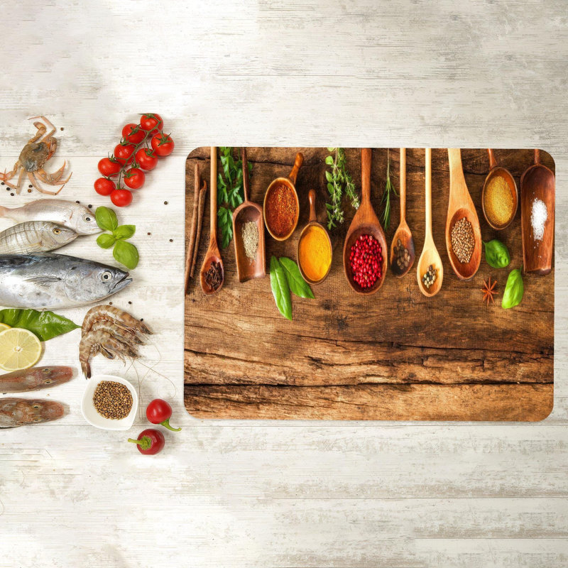 Planche à découper en verre trempé moderne à thème épice, idéale pour la salle à manger et les ustensiles de cuisine avec des couleurs vives sur le verre