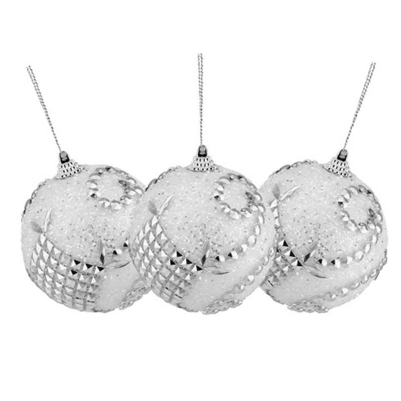 Ornements en forme de boule de Noël incassable avec tourbillons blancs et argent 3 carats 3 po (75 mm)