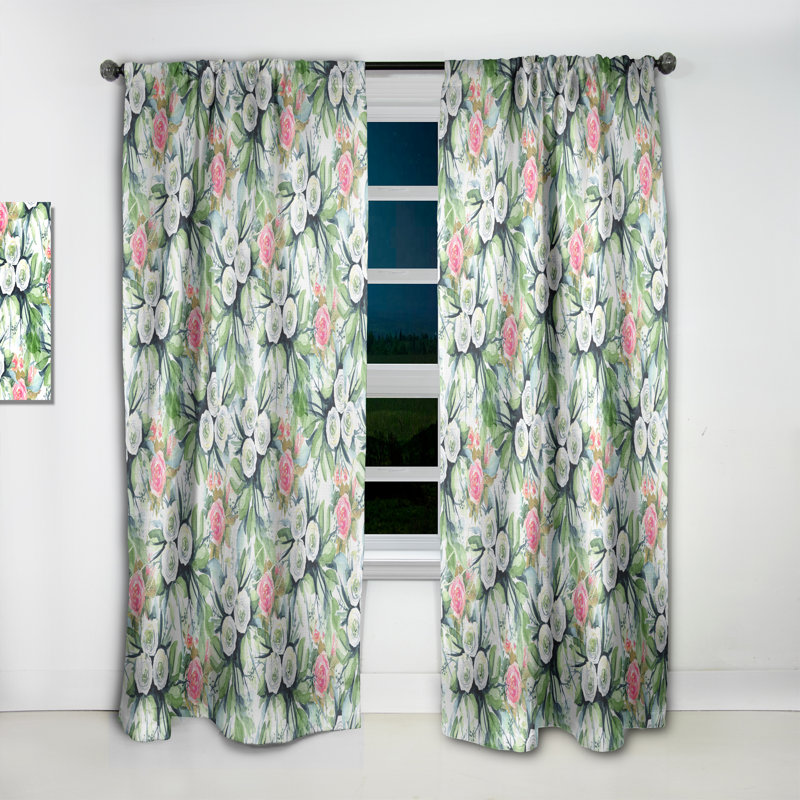 Panneau de rideau en velours floral, Rose / Vert / Blanc, L 52 po x L 90 po
