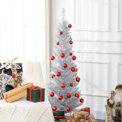 5' Artificial Pencil Christmas Tree, Slim Xmas Tree With 294 Realistic Branch Tips And Plastic Stand