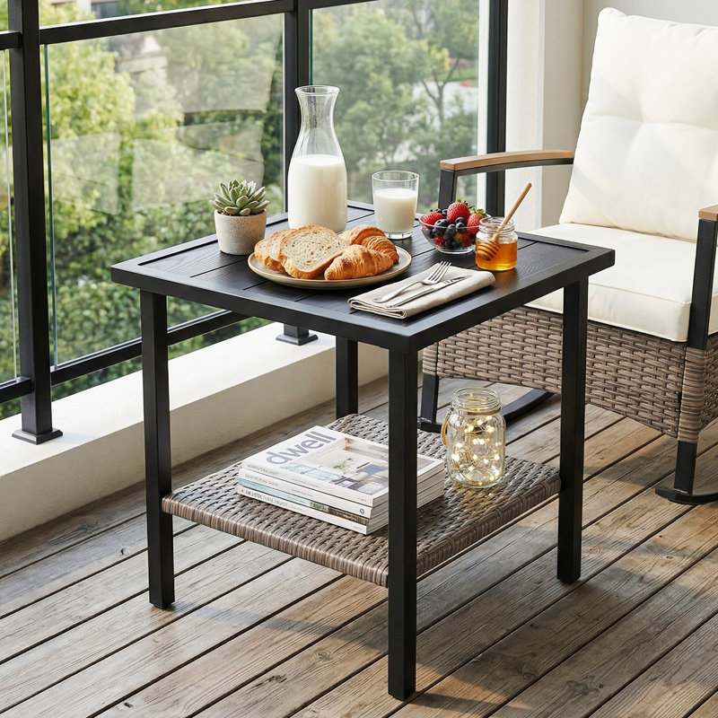 Table d'appoint d'extérieur en osier avec plateau en acier - Table de bout de rangement fonctionnelle et élégante pour patios, balcons, porches et terrasses